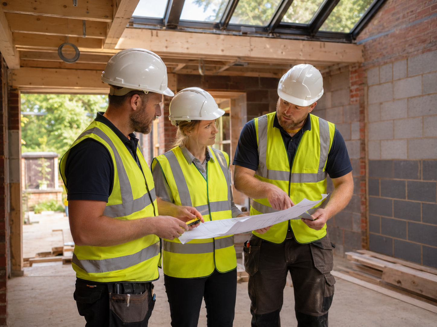Builders discussing plans on site